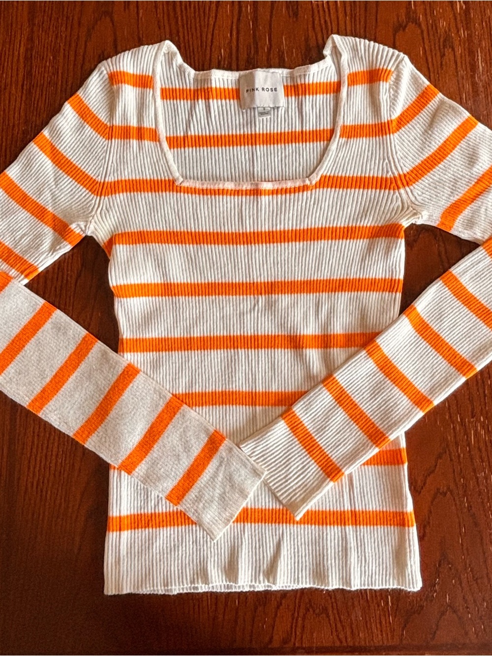 pink rose ribbed striped sweater top white orange square neck womens small